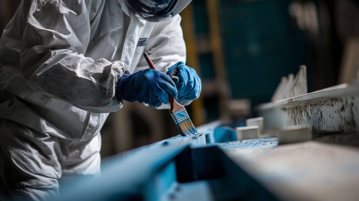 Fachkraft bei Coater GmbH führt professionelle Schiffsbeschichtung durch. Spezialisiert auf marine Beschichtungen und Korrosionsschutz.