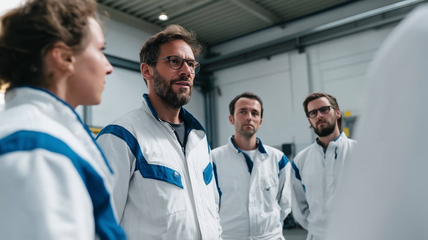 Mitarbeiter von Coater GmbH besprechen professionelle marine Beschichtungen, inklusive Yachtlackierung und Korrosionsschutzdienstleistungen.
