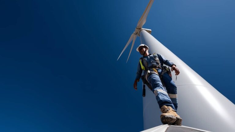 Fachkraft bei der Wartung einer Windkraftanlage. Coater GmbH bietet professionelle Beschichtung, Korrosionsschutz und industrielle Lösungen.