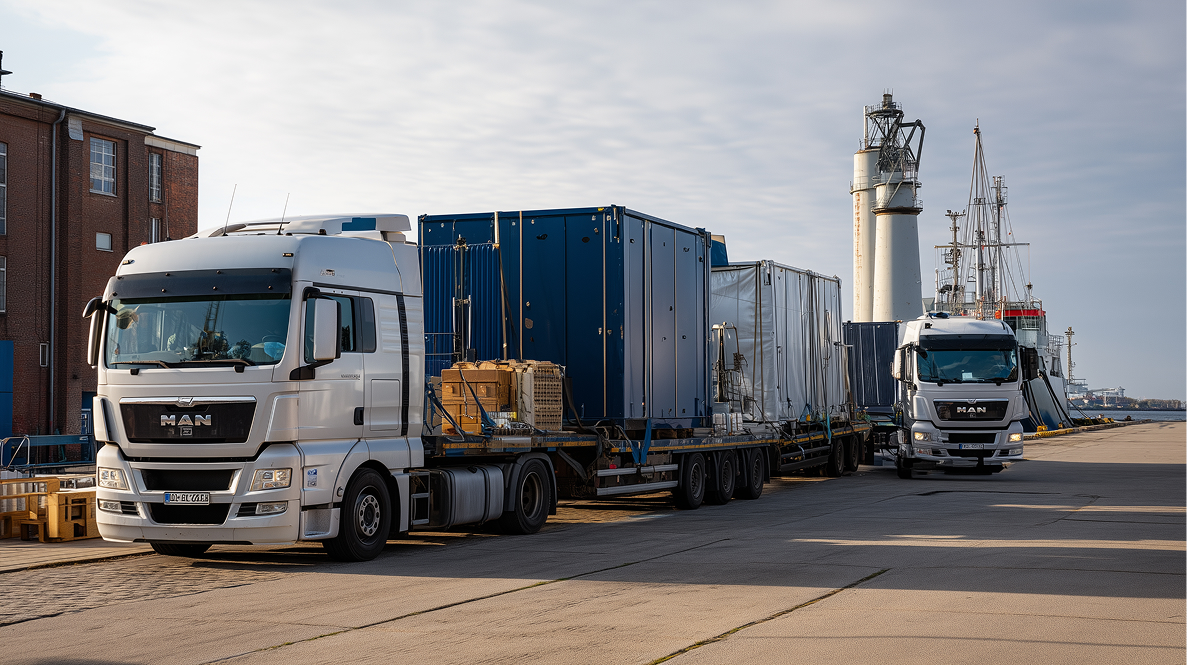 Lkw-Transport von Containern am Hafen, Coater GmbH bietet professionelle marine Beschichtungen, Korrosionsschutz und industrielle Beschichtungen.