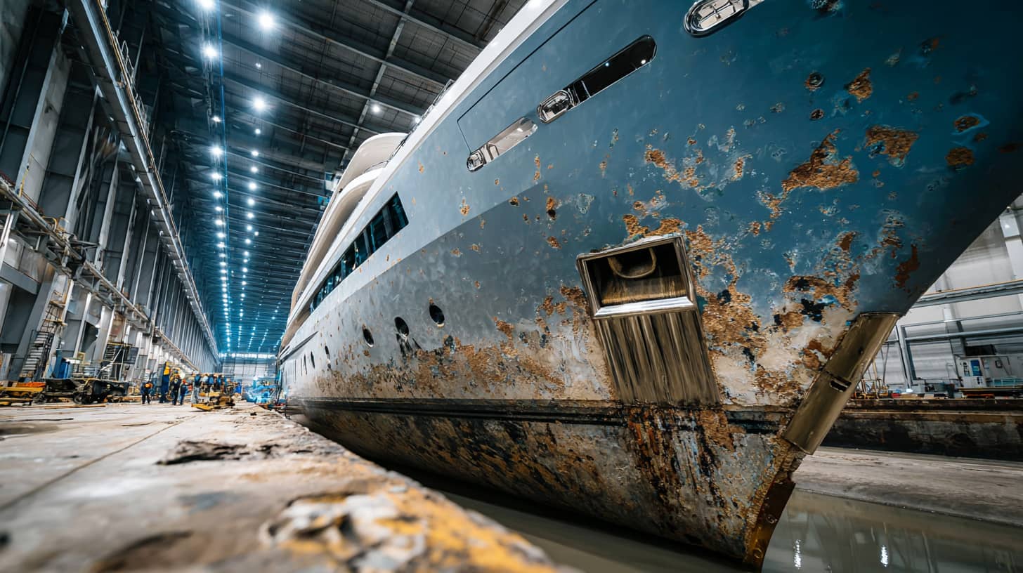 Yacht im Dock für professionelle Schiffsbeschichtung durch Coater GmbH. Spezialisiert auf marine Beschichtungen und Korrosionsschutz.