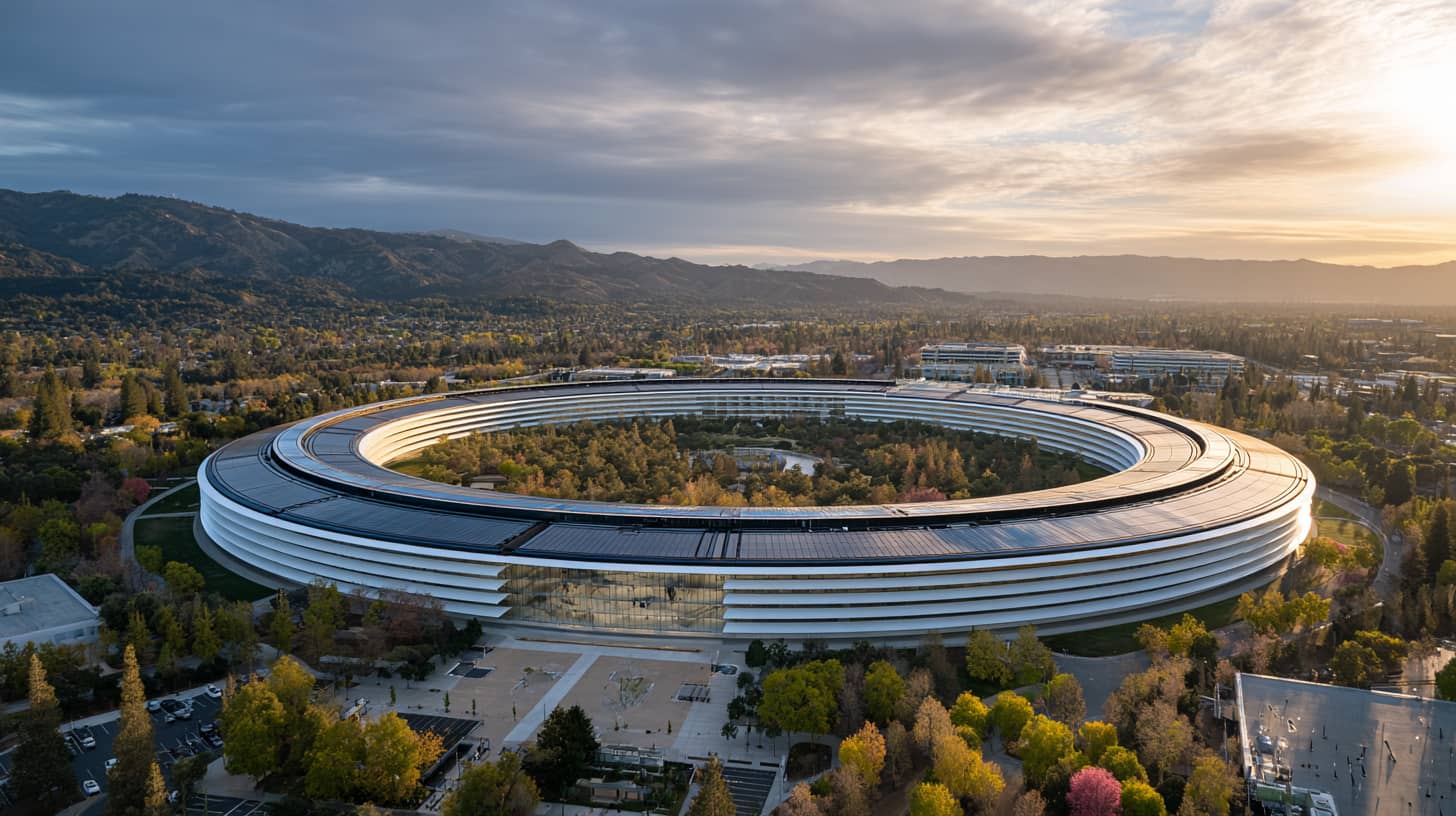 Die moderne Architektur des Apple Park in Cupertino, Kalifornien, zeigt nachhaltige Bauweise. Coater GmbH bietet professionelle Beschichtungen, einschließlich marine Beschichtungen, industrielle Beschichtungen und Korrosionsschutz Dienstleistungen.