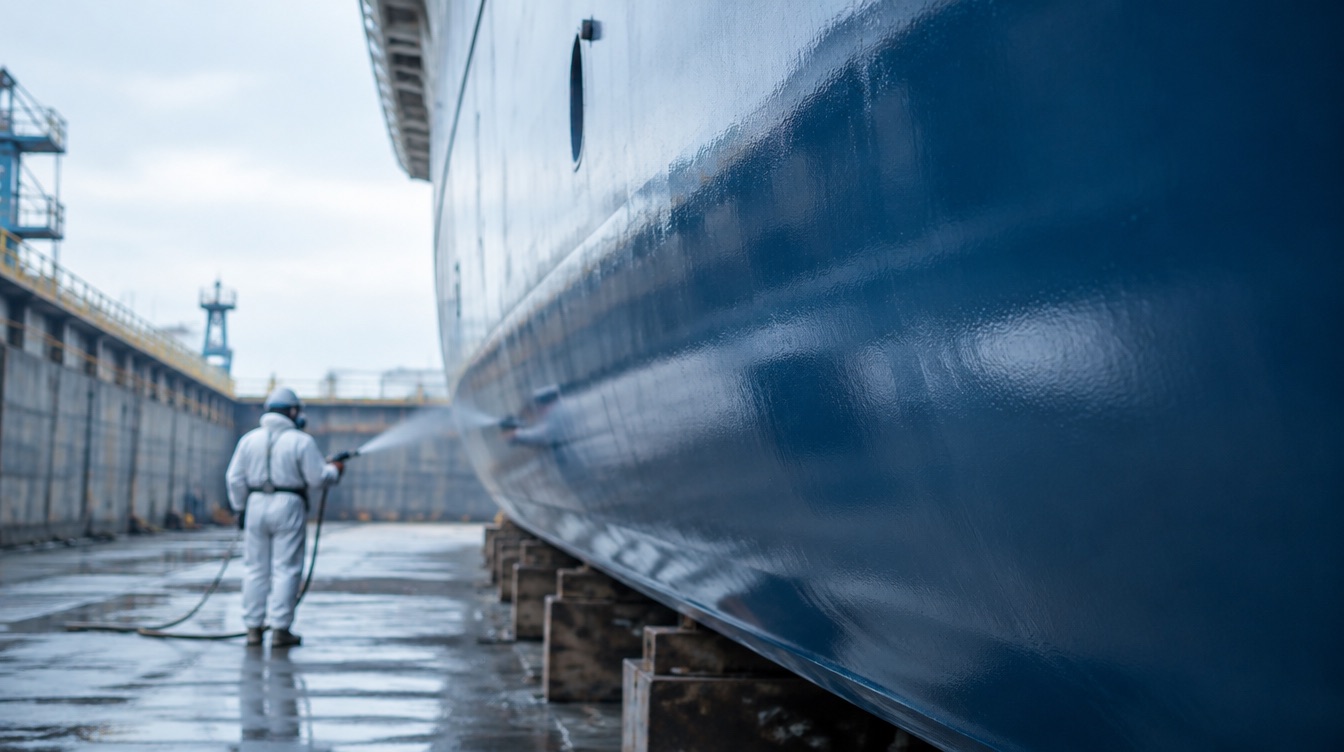 Glatte Unterwasserbeschichtung am Schiffsrumpf im Trockendock nach dem Auftrag eines Antifouling-Systems