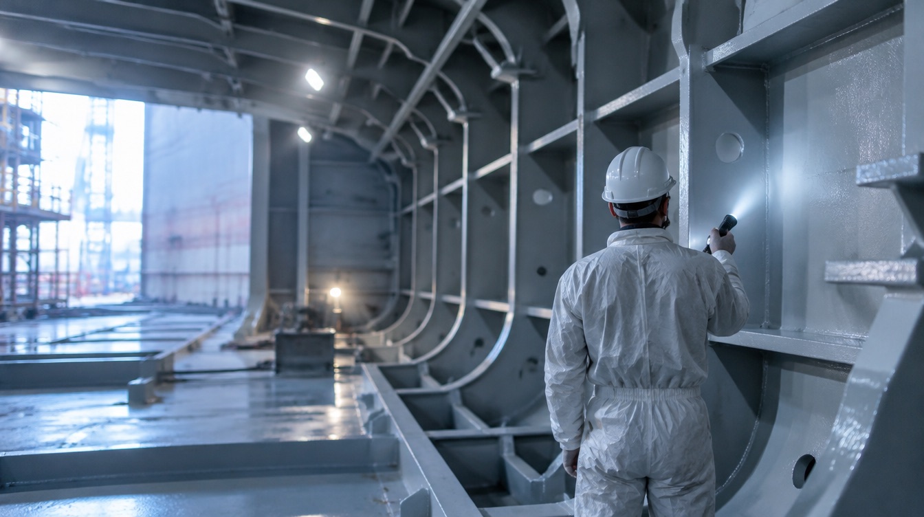 Inspektor prüft frisch beschichtete Spanten und Versteifungen in einer Ballasttank-Sektion auf der Werft
