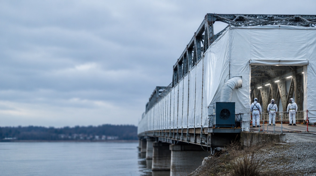 Eingehauste Stahlbrücke mit Unterdruckanlage während der Entfernung einer bleihaltigen Altbeschichtung