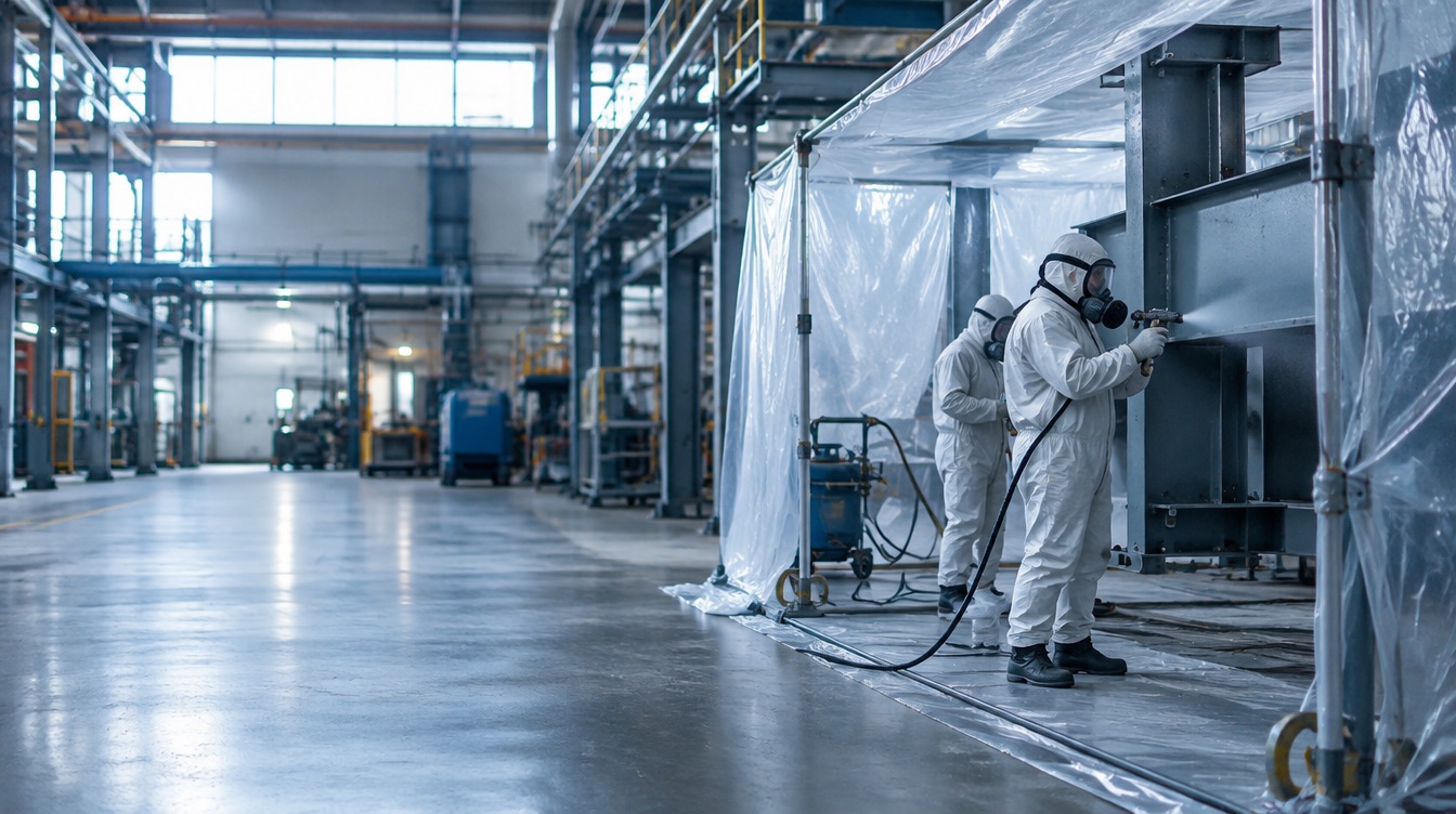 Beschichter arbeiten in einem abgeschotteten Bereich einer laufenden Industrieanlage an einer Stahlkonstruktion