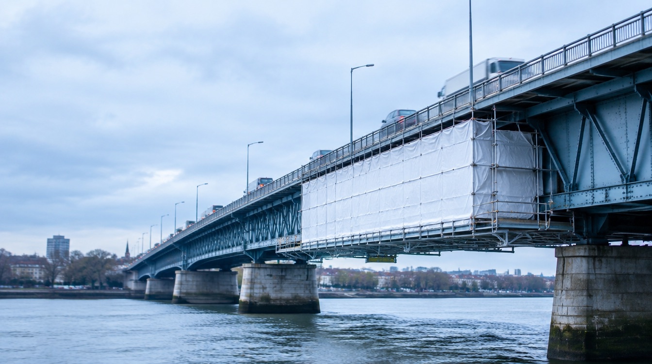 Stahlbrücke mit Einhausung unter dem Überbau während der Korrosionsschutzsanierung bei laufendem Verkehr