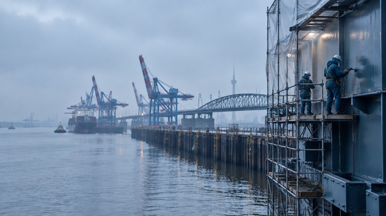 Beschichtungsarbeiten an Stahlbauten in einem norddeutschen Hafen bei feuchtem Wetter