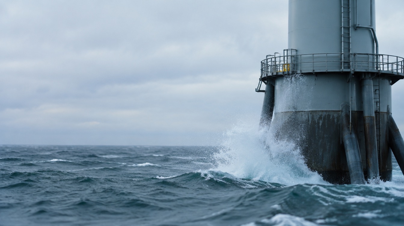 Offshore-Fundament in der Nordsee mit Wellen in der Spritzwasserzone als Beispiel für Korrosionsschutz offshore
