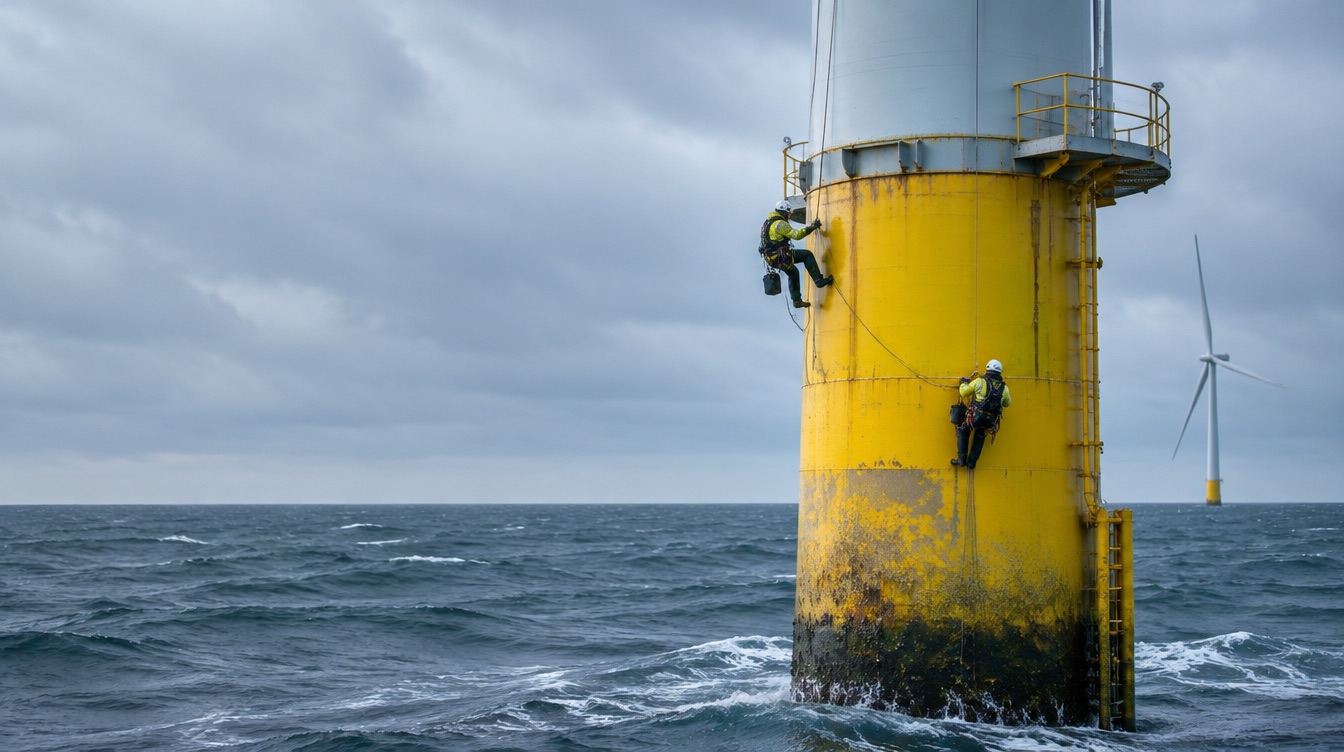 Industriekletterer inspizieren die Beschichtung am Übergangsstück einer Offshore-Windkraftanlage