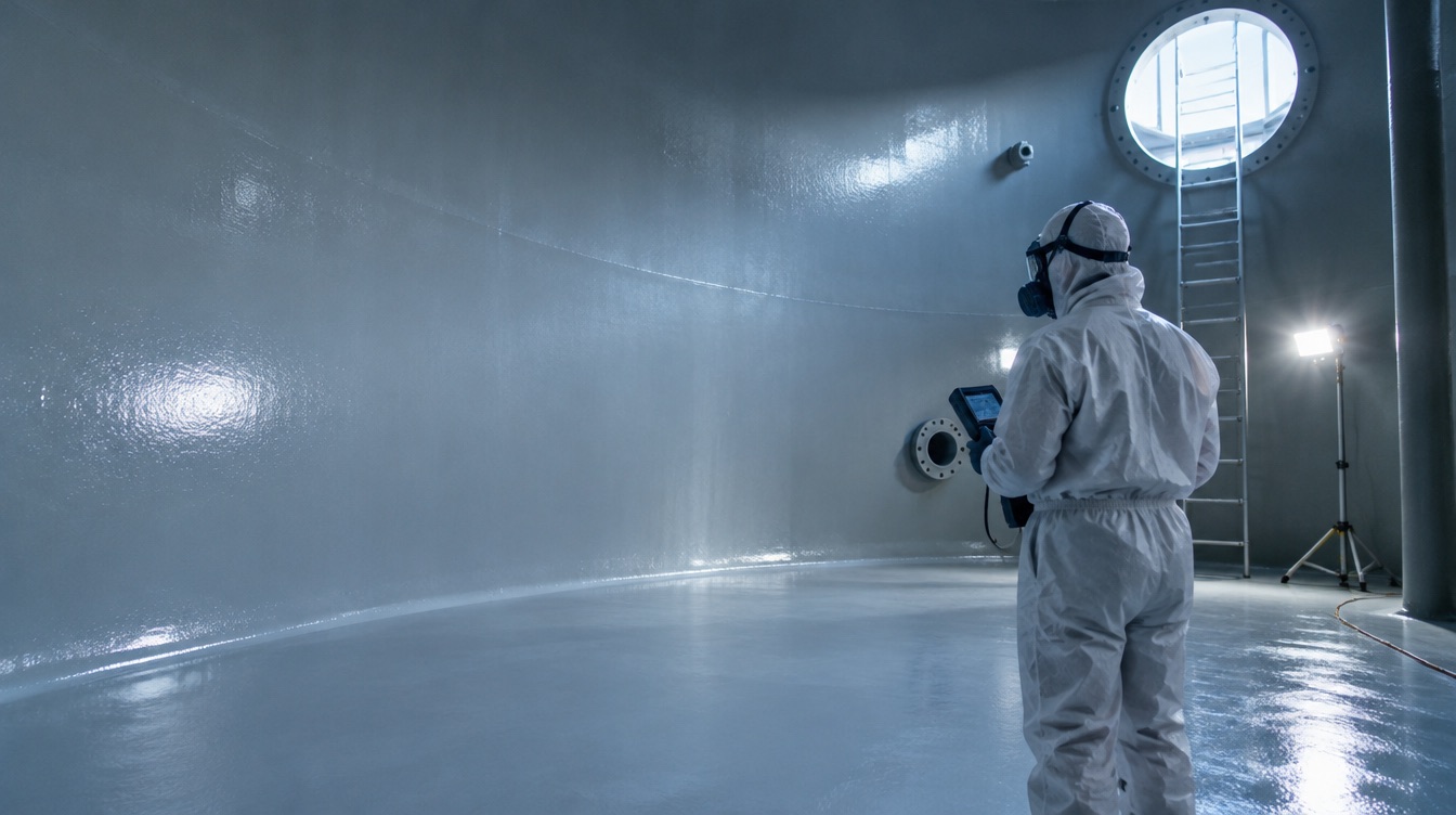 Fachkraft prüft frisch aufgetragene Innenbeschichtung in einem leeren Industrie-Stahltank
