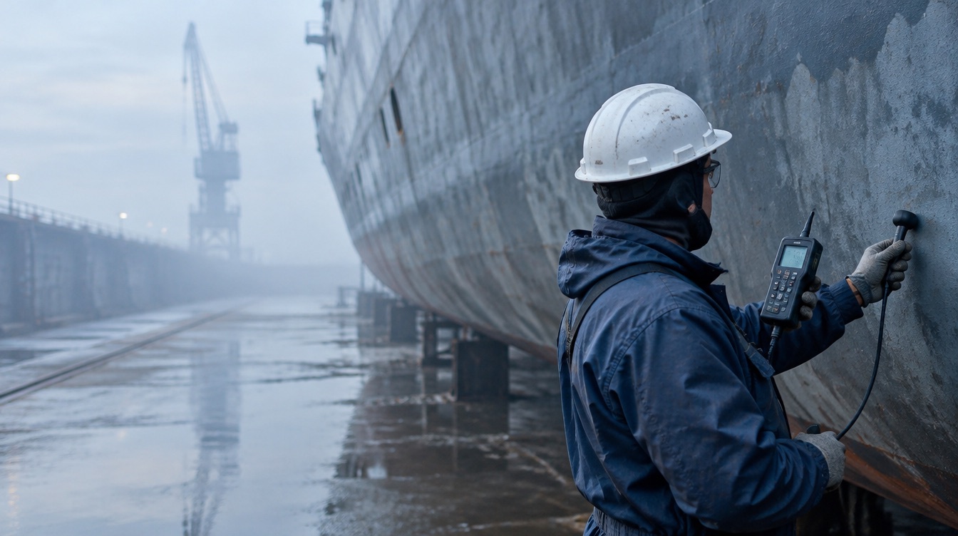 Inspektor misst Luftfeuchte und Oberflächentemperatur an einem gestrahlten Stahlrumpf im Trockendock