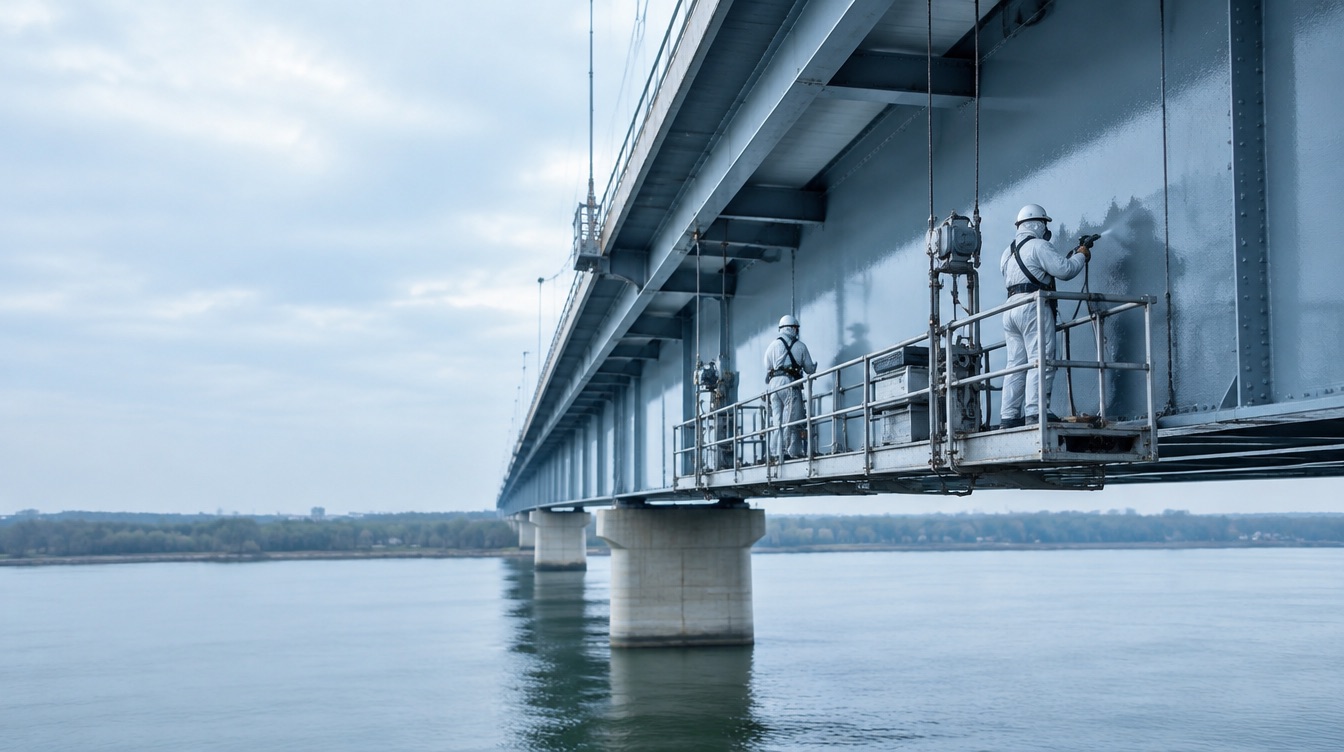 Beschichtungsarbeiten an einer Stahlbrücke von einer Arbeitsbühne aus